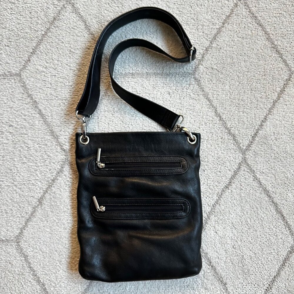 Margot Black Luxe Leather Double Zipper Adjustable Removable Strap Crossbody